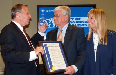Terry Francke is presented with city proclamation from San Diego Mayor Bob Filner and Donna Frye, the city's Director of Open Government. 