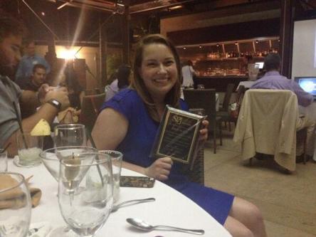 Emily Burns celebrates her SPJ award win at the annual banquet on July 10, 2014. Credit: Quinn Owen, Twitter.
