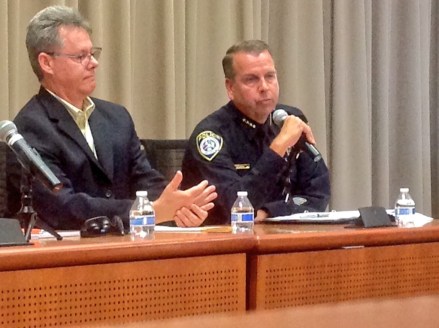 Escondido Police Chief Craig Carter talks to the media gathered at San Diego SPJ's wildfire panel.